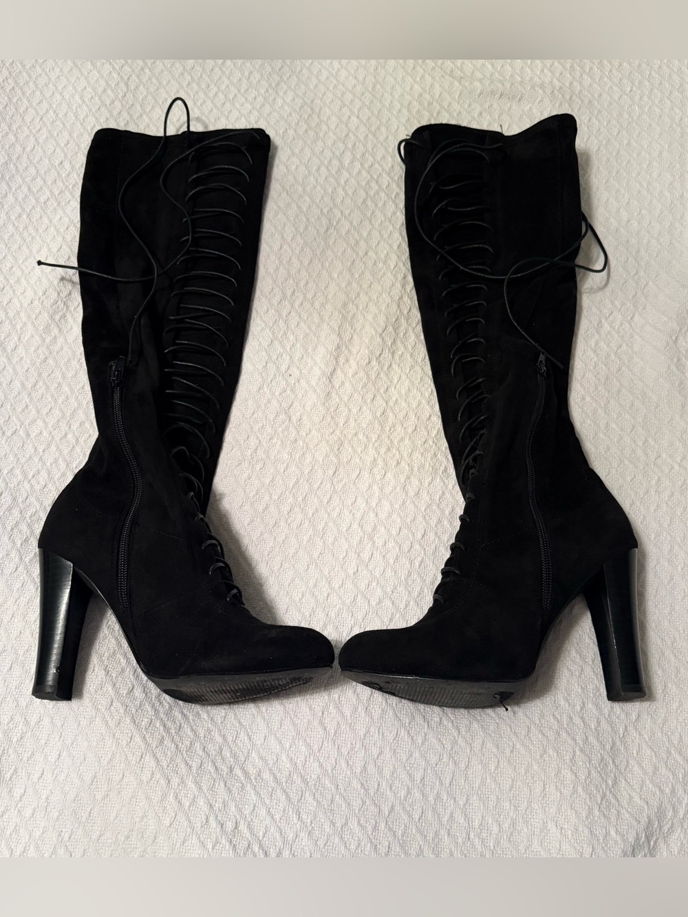 Black Suede Lace-Up Over-the-Knee block heel Boots